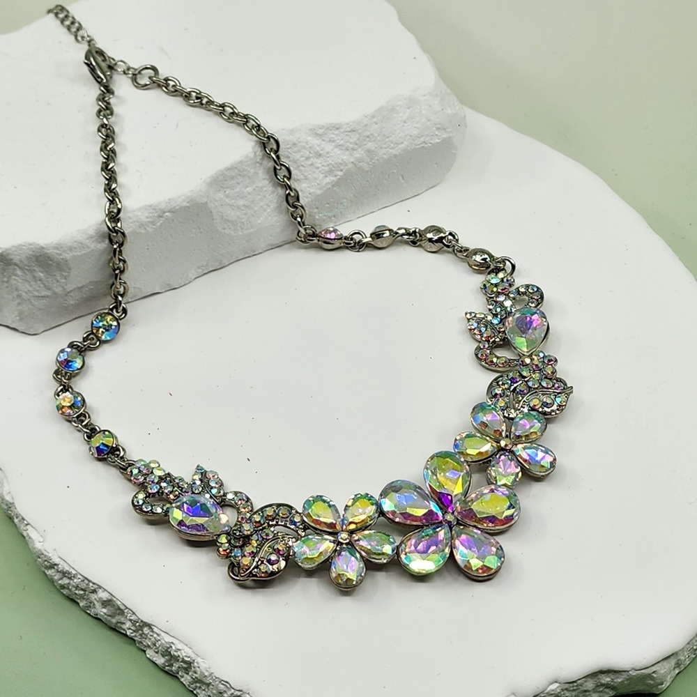 Disney AB Rhinestone Floral Bib Statement Necklace Silver Tone Iridescent Glam